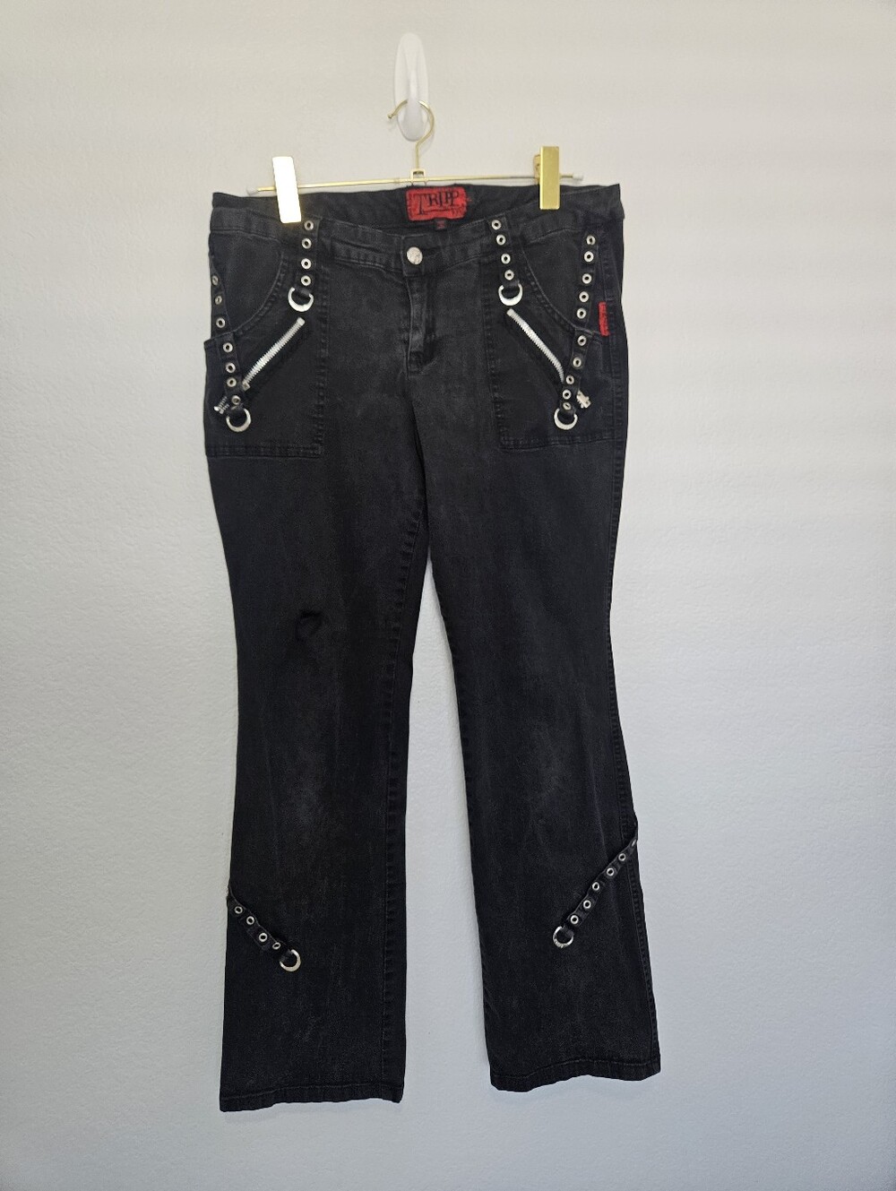 Tripp NYC Black Goth Stretch Pants Metallic Grommet Zipper Grunge Y2K Size 16